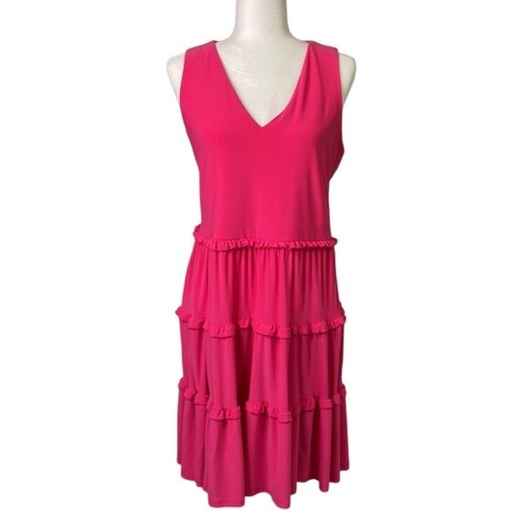 Tommy Hilfiger V-Neck Tiered Ruffle Sleeveless Shift Dress Flowy Barbiecore - Picture 4 of 16
